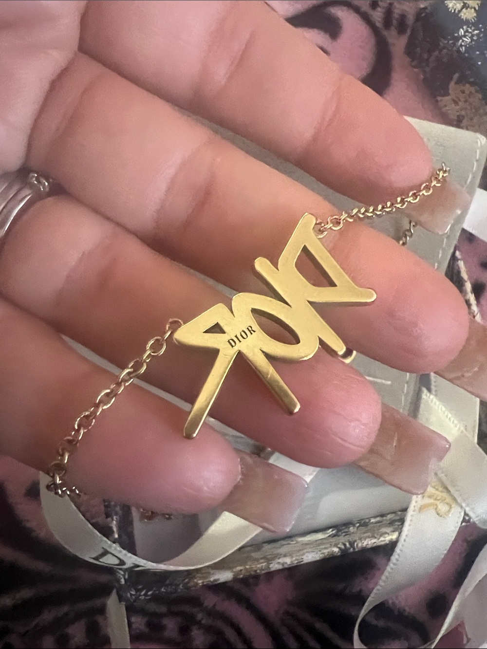 Dior Gold Tone Logo Script Necklace with Crystal Accents - Picture 3 of 4
